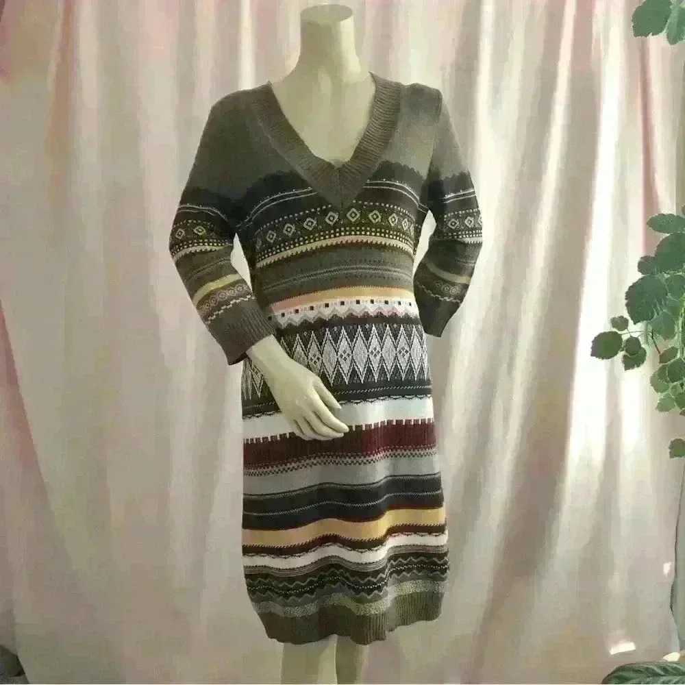 V- neck Fair Isle Sweater Dress